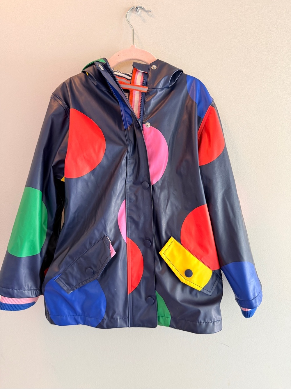 Mini Boden Navy Raincoat with Bright Colorblock Dots